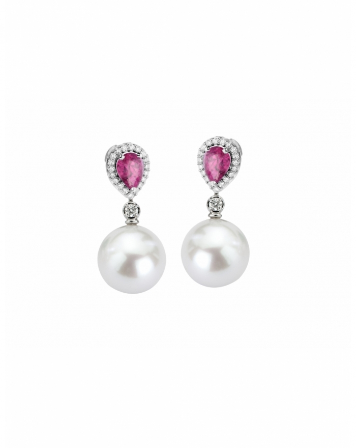 화이트 골드 귀걸이, 핑크 사파이어 드롭 및 다이아몬드