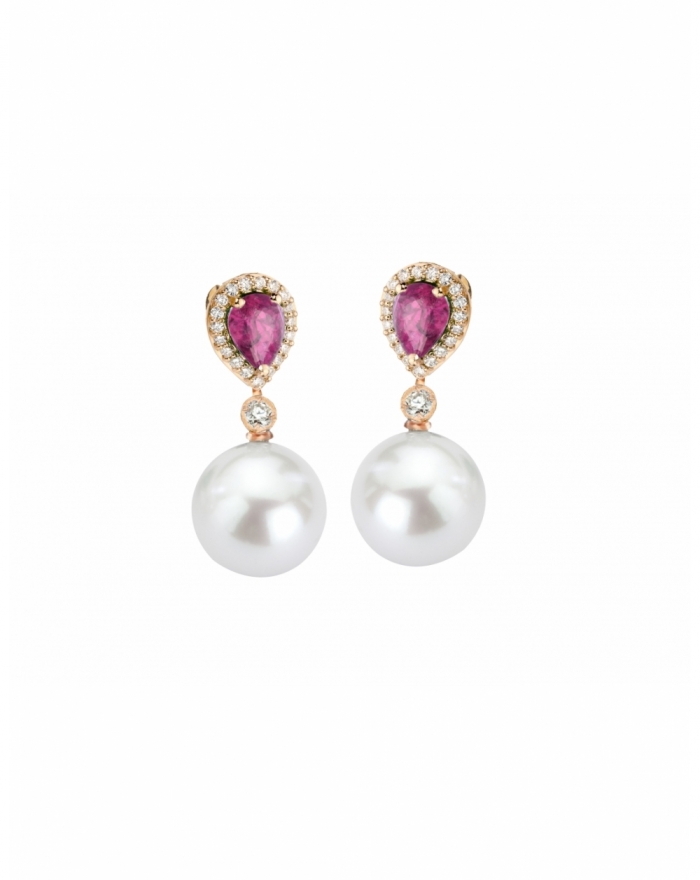 Pink gold earrings, pink sapphire drop and diamonds