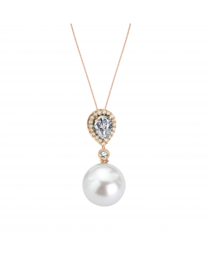 Pink gold diamond drop necklace with pearl